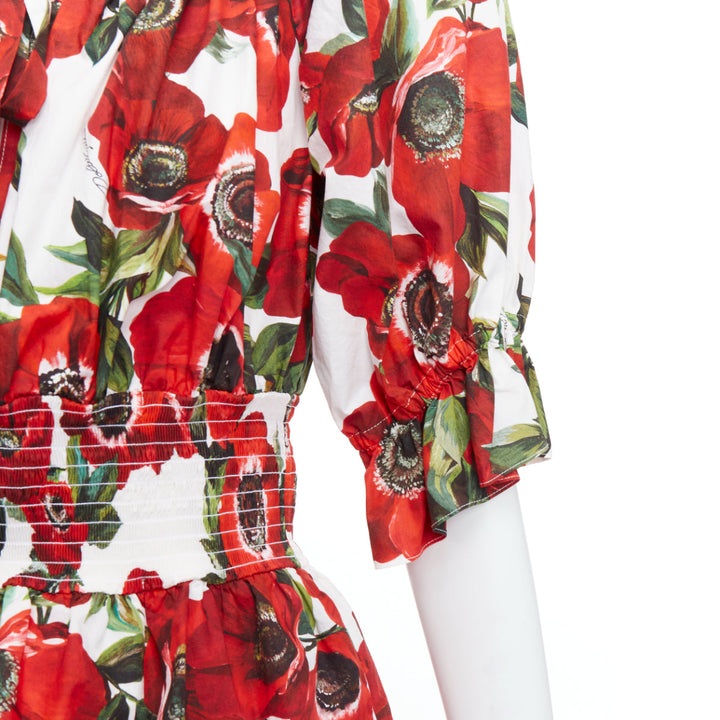DOLCE GABBANA red anemone floral print cotton poplin peplum top IT48 XXL