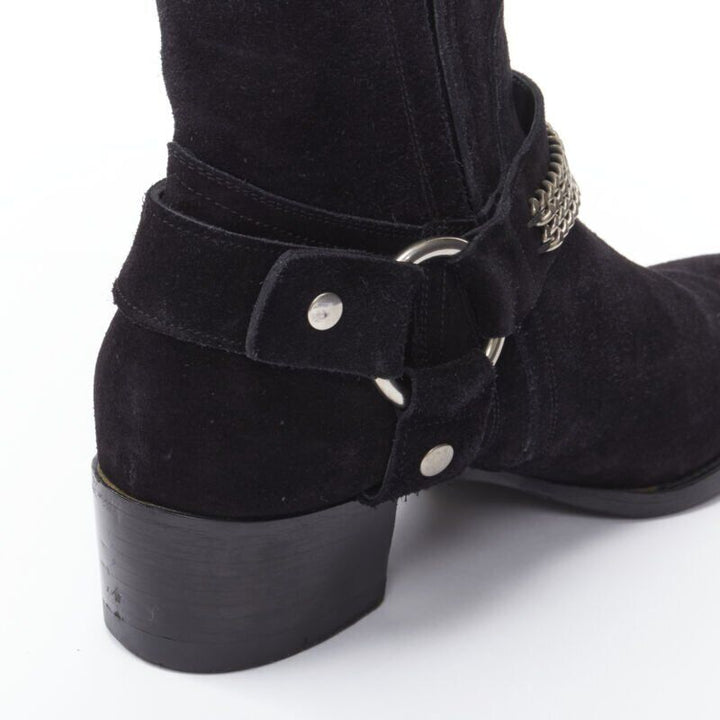 SAINT LAURENT Wyatt 40 black suede silver chain harness ankle boot EU36.5