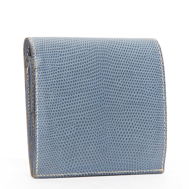HERMES blue scaled leather silver logo bifold coins wallet