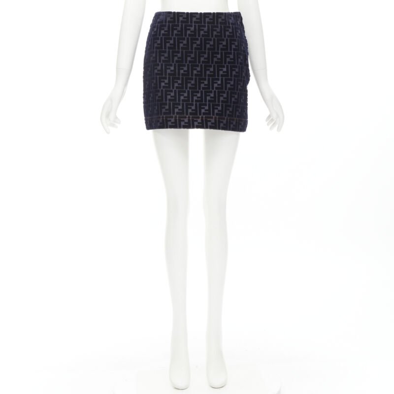 FENDI FF Zucca monogram velvet flocking mini denim skirt S