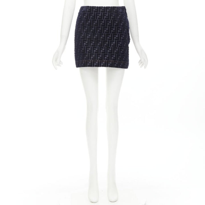 FENDI FF Zucca monogram velvet flocking mini denim skirt S