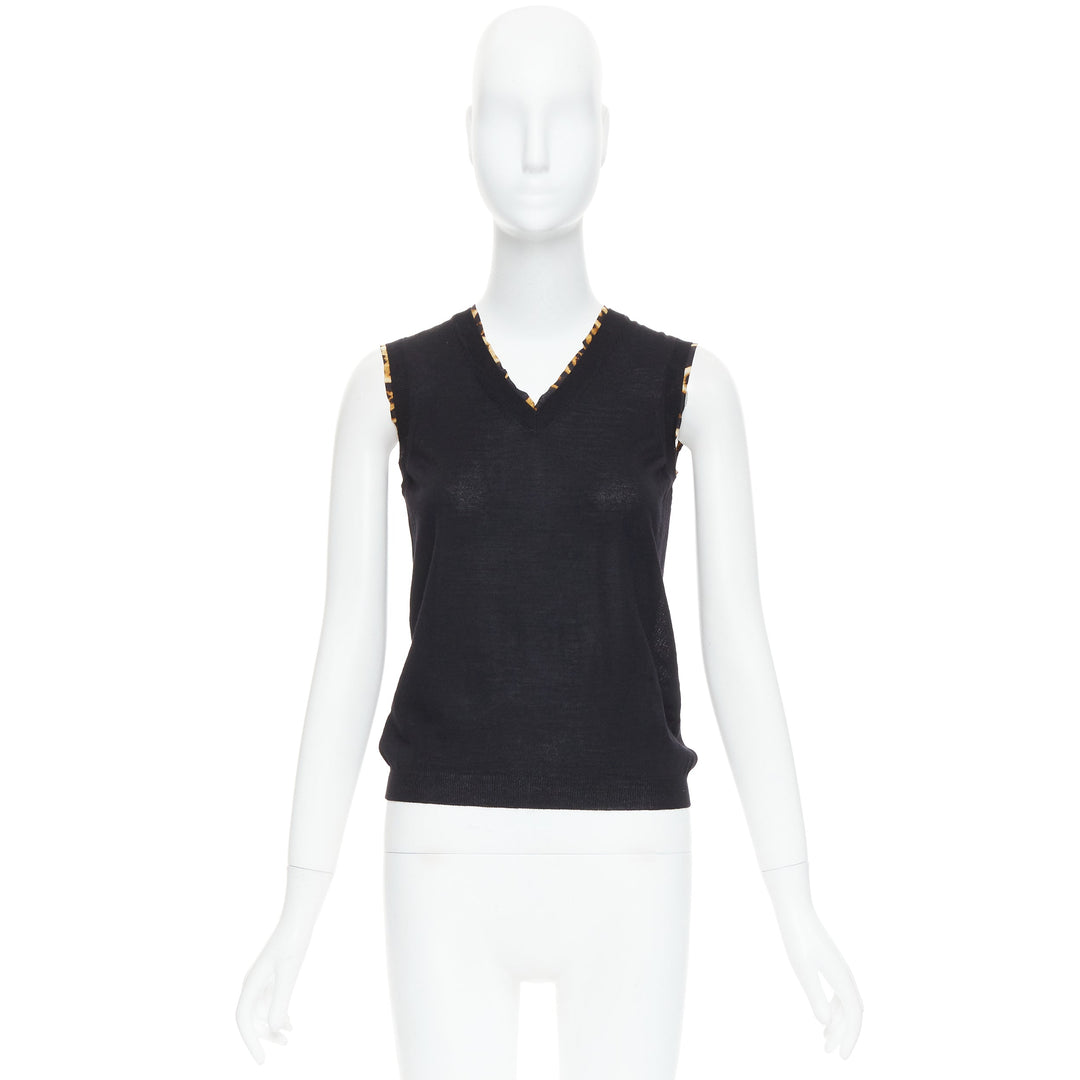 YVES SAINT LAURENT black virgin wool leopard silk trim sweater vest S