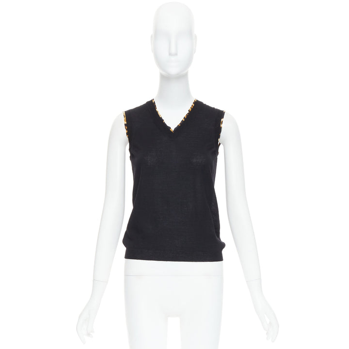 YVES SAINT LAURENT black virgin wool leopard silk trim sweater vest S