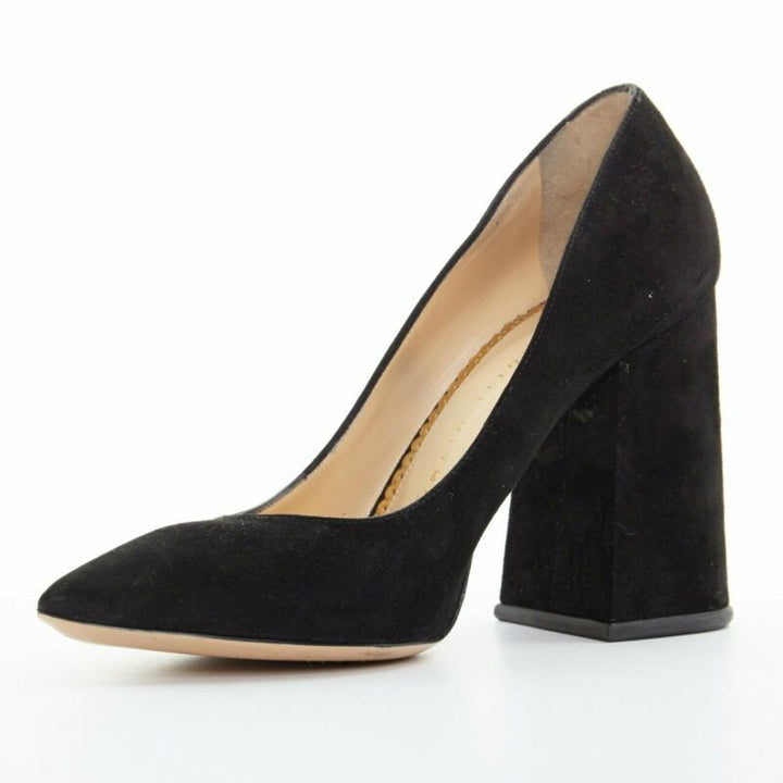 CHARLOTTE OLYMPIA black suede point toe spider embroidered chunky high heel EU35