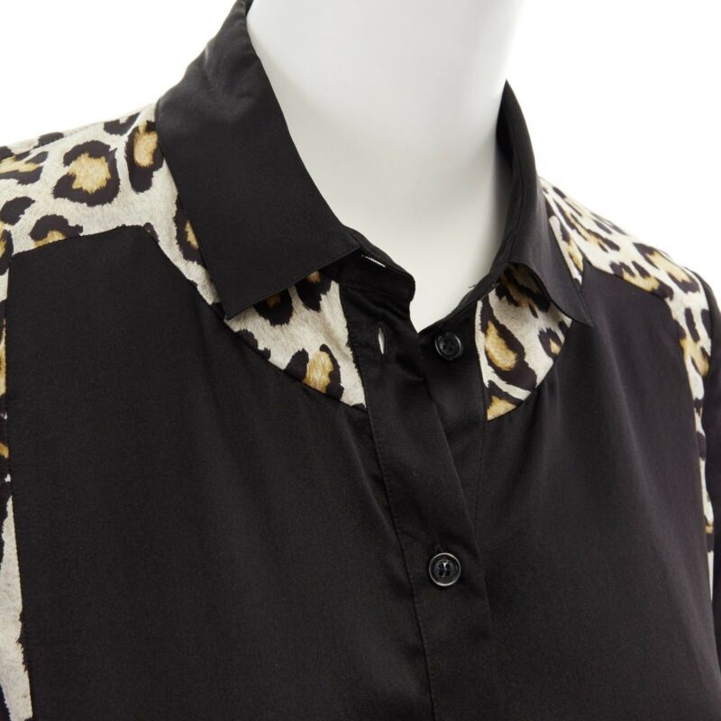 JUST CAVALLI 100% silk black leopard  button front shirt IT40 S