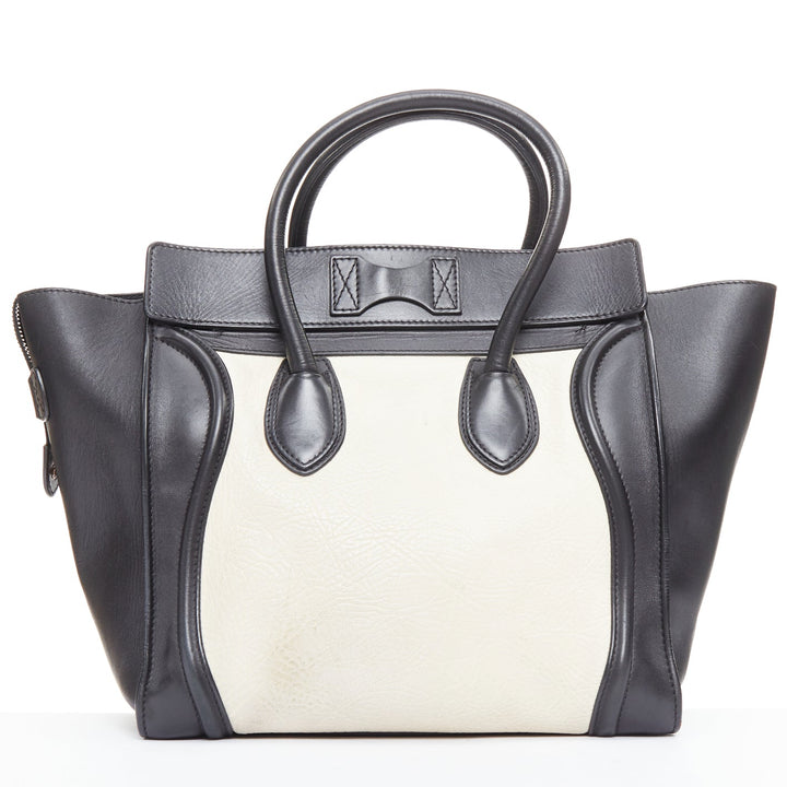 CELINE Luggage Mini black cream bicolor nubuck calfskin flared bag