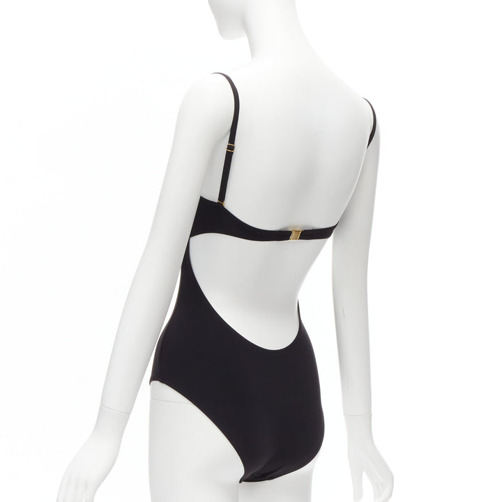 HEIDI KLEIN black gold logo clasp backless flutter one piece swimsuit US0 XS