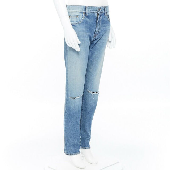 SAINT LAURENT Hedi Slimane blue cotton torn knee washed skinny denim jeans 29"
