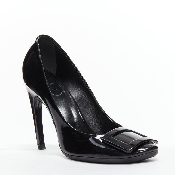 ROGER VIVIER Trompette black patent leather buckle curved heel pumps EU38