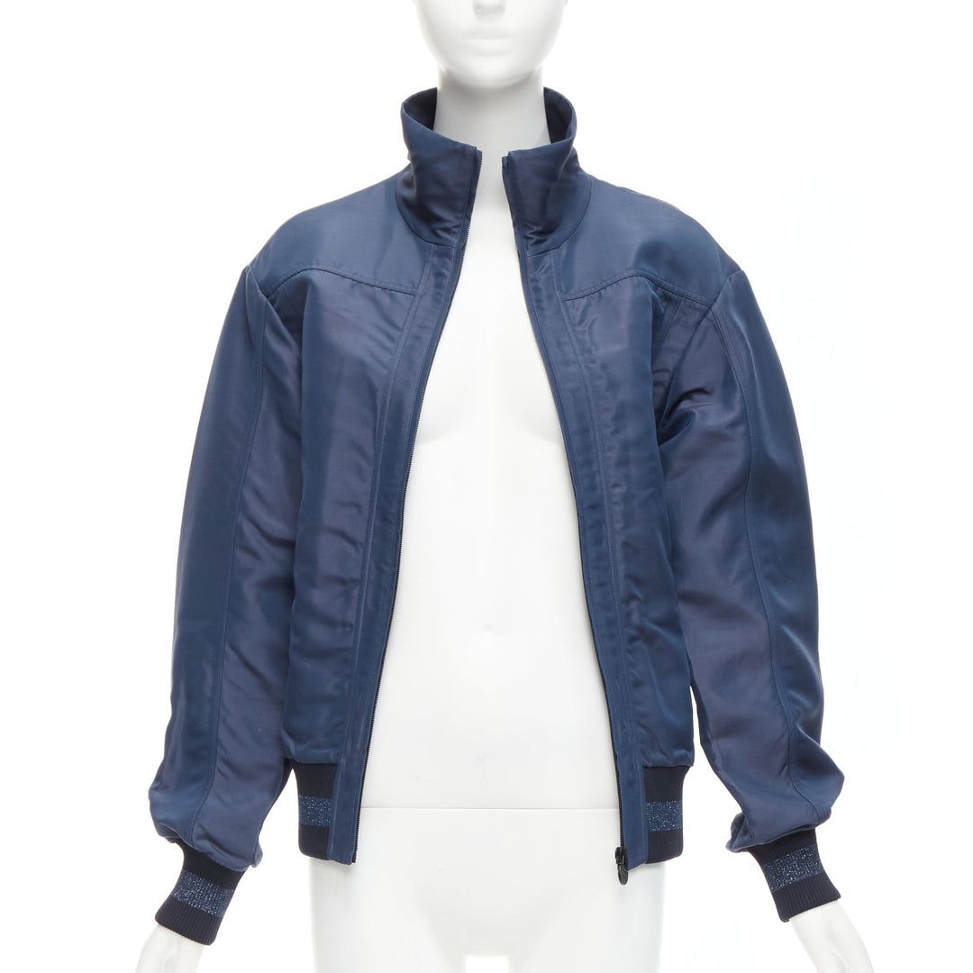 CHANEL Vintage navy viscose silk CC logo zip bomber jacket FR34 XS