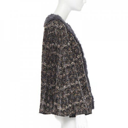 DOLCE GABBANA brown black wool tweed shearling fur trimmed cape poncho jacket XS