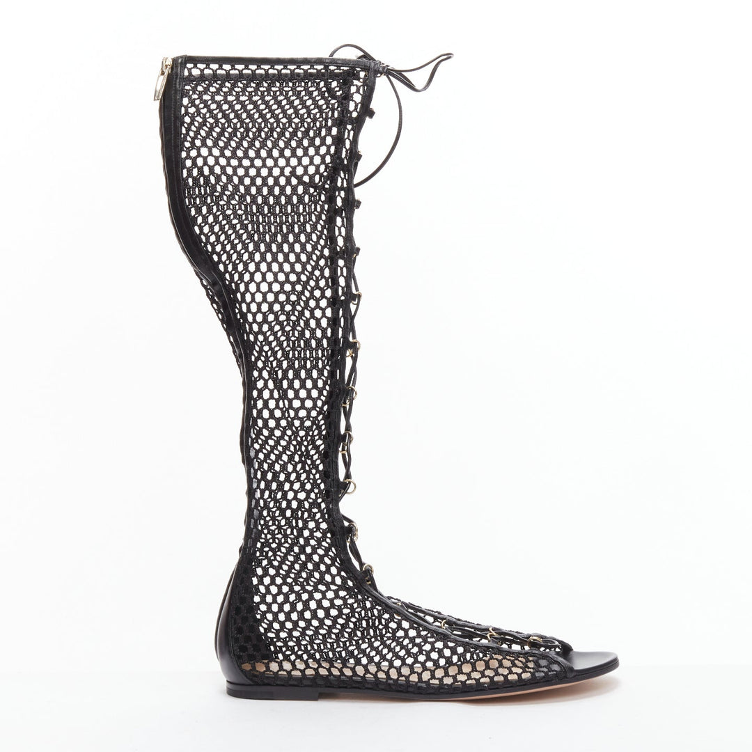 GIANVITO ROSSI Helena black crochet mesh gold rings lace up  sandals EU38