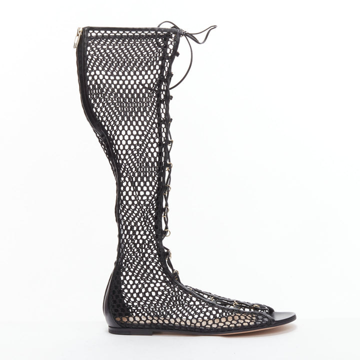 GIANVITO ROSSI Helena black crochet mesh gold rings lace up  sandals EU38
