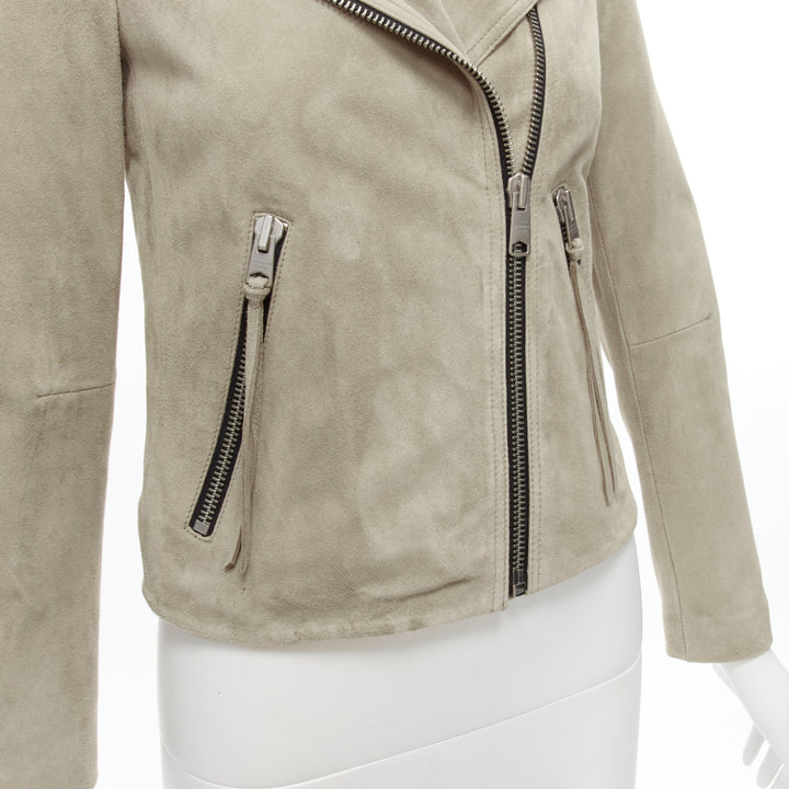 ALL SAINTS Dalby grey goat suede silver hardware classic biker jacket UK6 XS