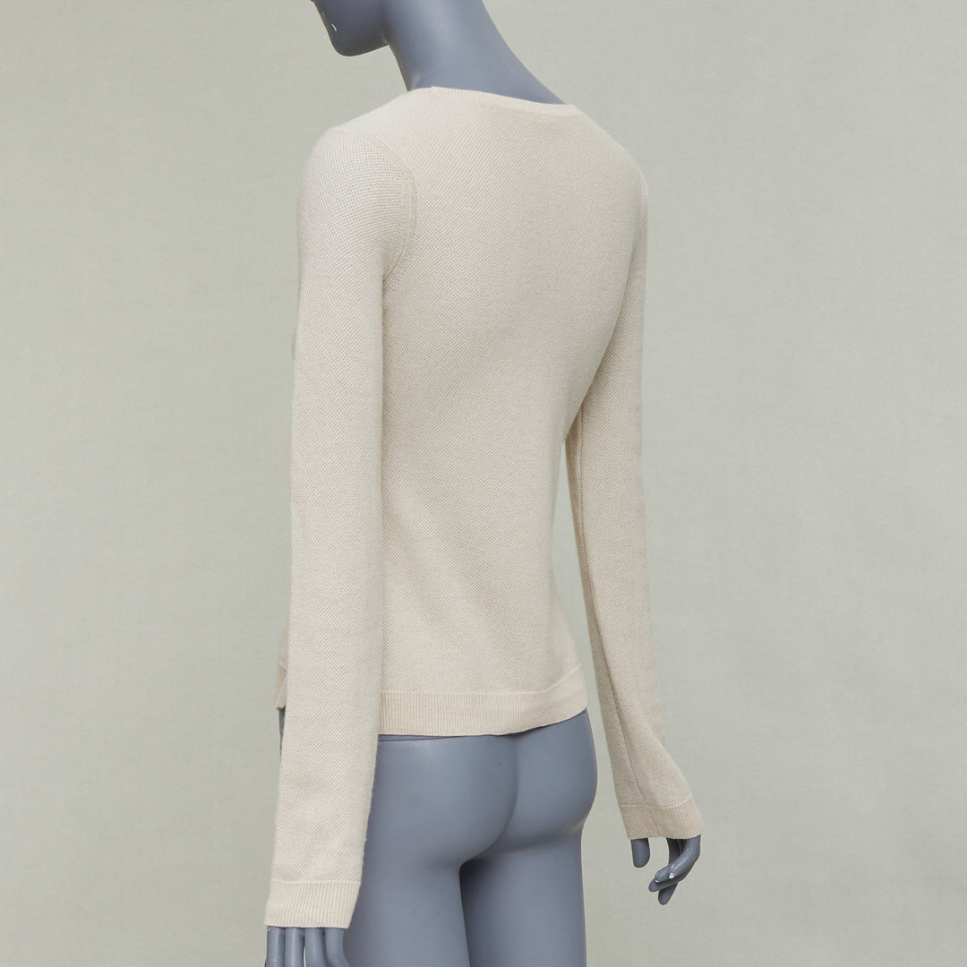 LORO PIANA 100% cashmere beige fine waffle knit crew neck sweater IT38 XS