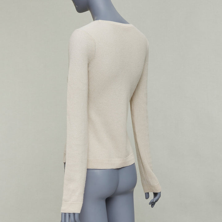 LORO PIANA 100% cashmere beige fine waffle knit crew neck sweater IT38 XS