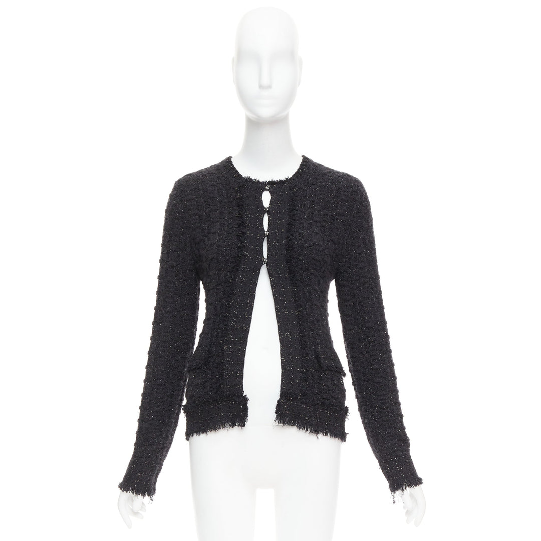 CHANEL 05A black metallic tweed silver CC logo cardigan jacket FR38 M