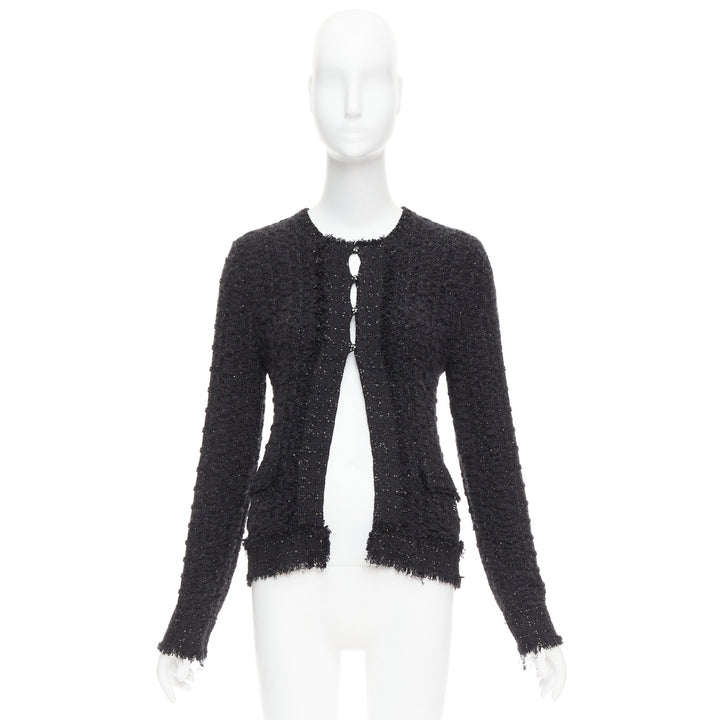 CHANEL 05A black metallic tweed silver CC logo cardigan jacket FR38 M