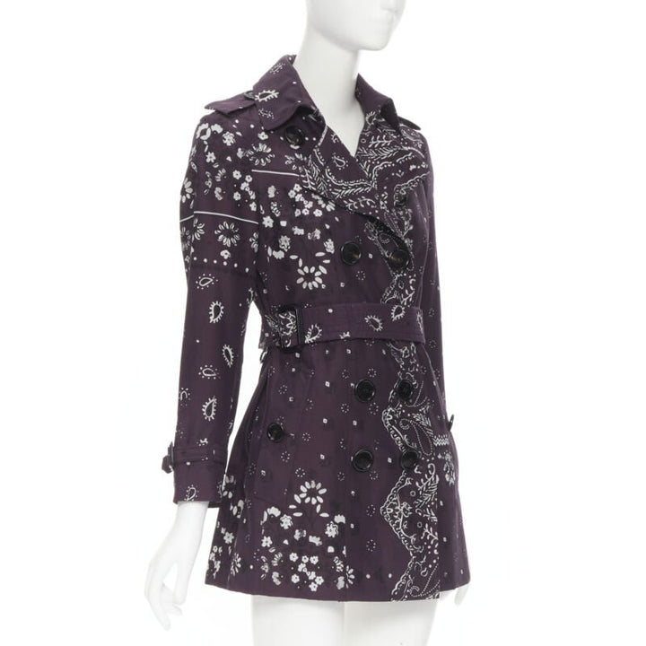 BURBERRY PRORSUM purple paisley bandana print double breasted trench coat UK6 XS