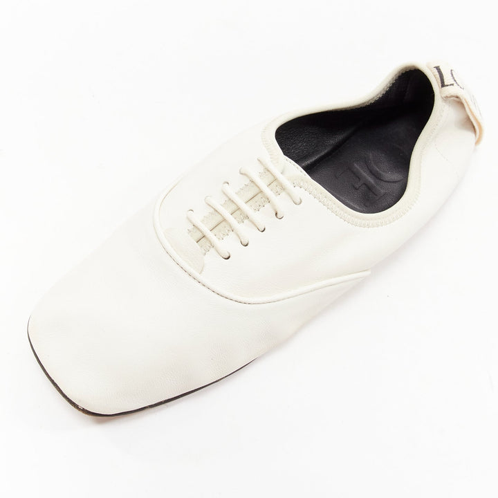LOEWE Derby white soft leather black logo tab lace up flat shoes EU37