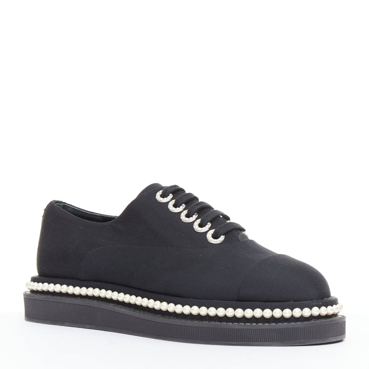 CHANEL black canvas pearl embellished trim fabric oxfords EU35.5