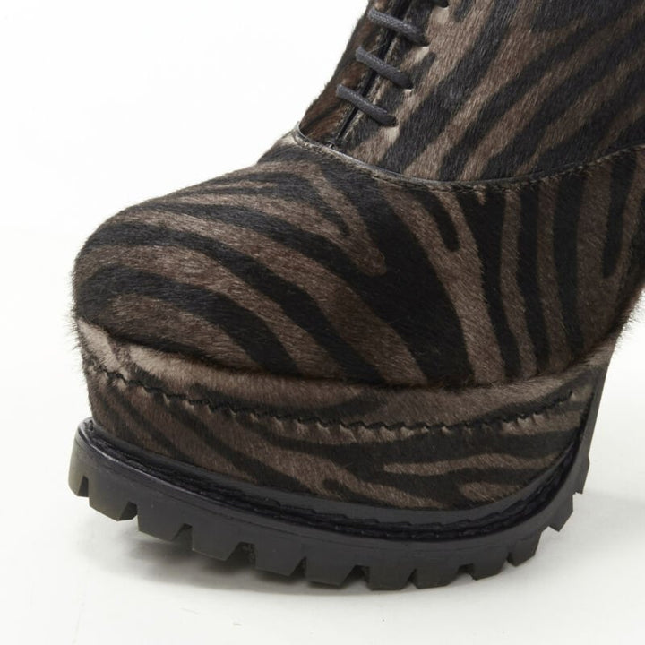 ALAIA brown black zebra stripe fur leather truck sole ankle bootie EU36.5