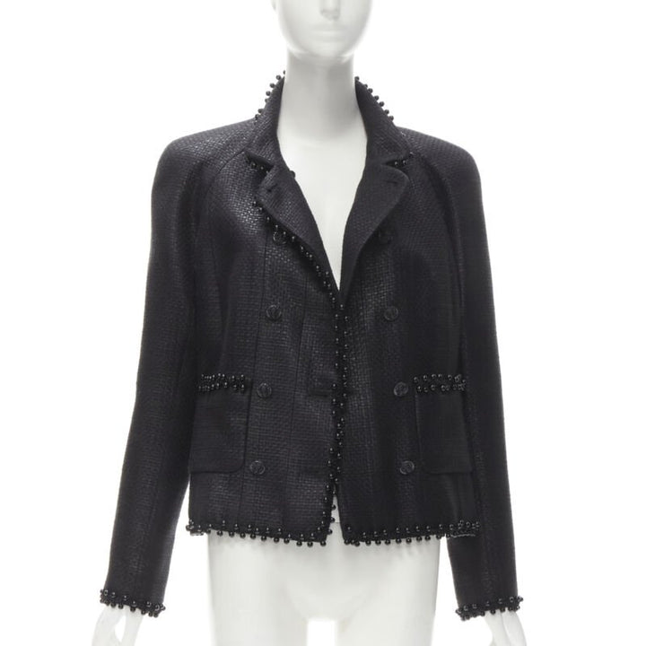 CHANEL lattice lacquered tweed bead embellished Lion CC button jacket FR42 L