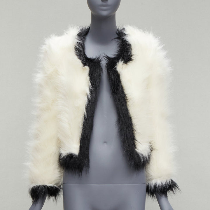 SAINT LAURENT 2021 Runway cream black faux fur cropped jacket FR34 XS