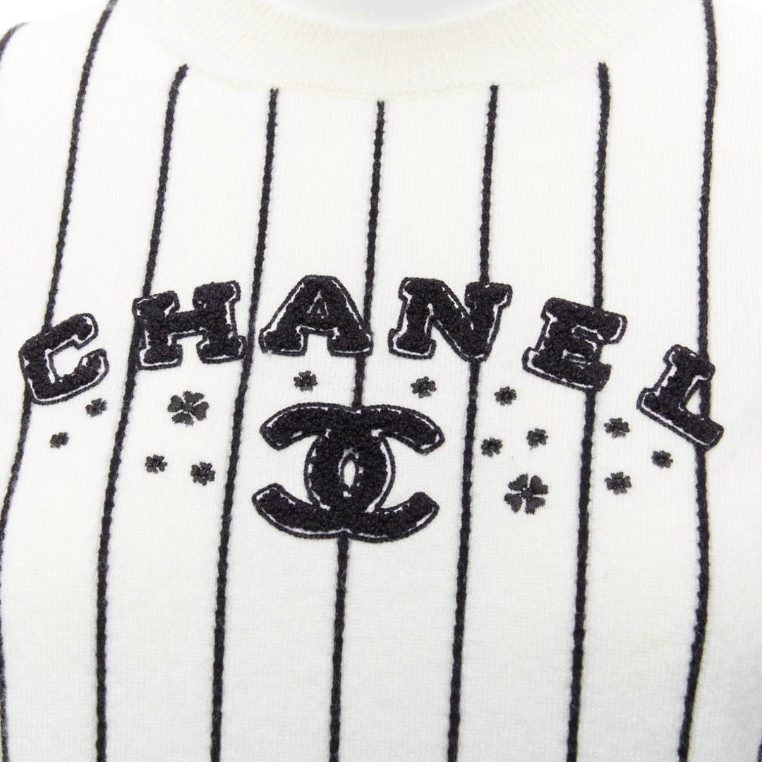 CHANEL 2023 100% cashmere cream black striped logo varsity sweater top FR36 S