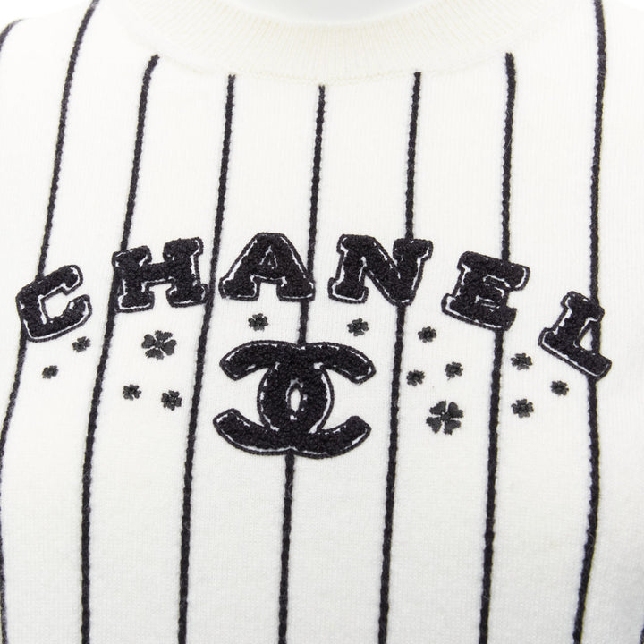 CHANEL 2023 100% cashmere cream black striped logo varsity sweater top FR36 S