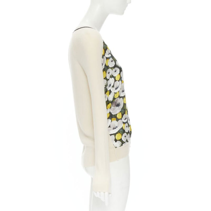 LOUIS VUITTON daisy lemon silk panel beige ribbed wool cardigan sweater M