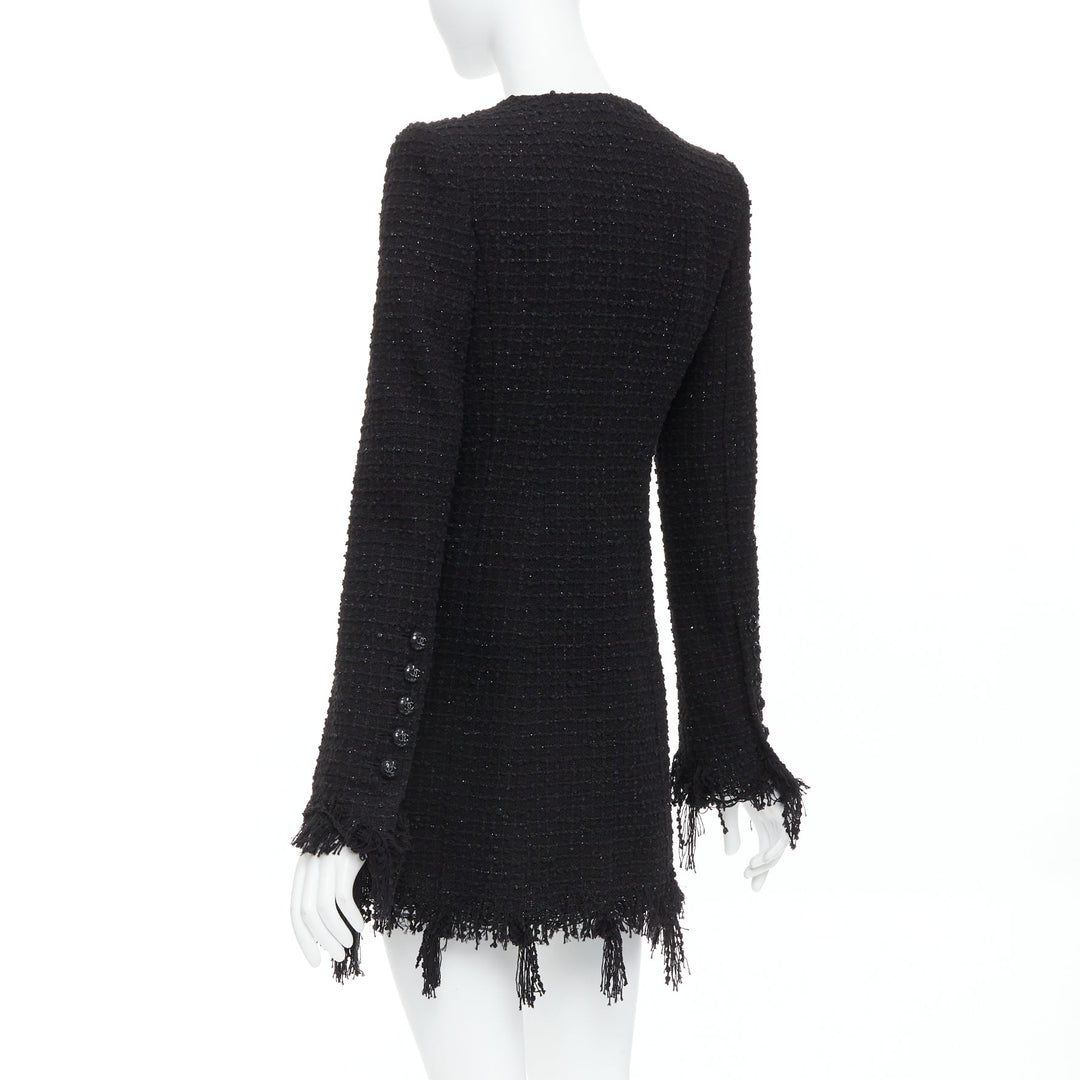 CHANEL 22C Runway black tweed fringe trim 4 pocket long jacket FR36 S