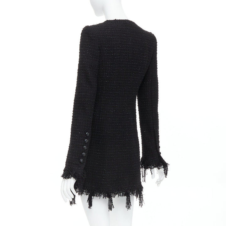 CHANEL 22C Runway black tweed fringe trim 4 pocket long jacket FR36 S