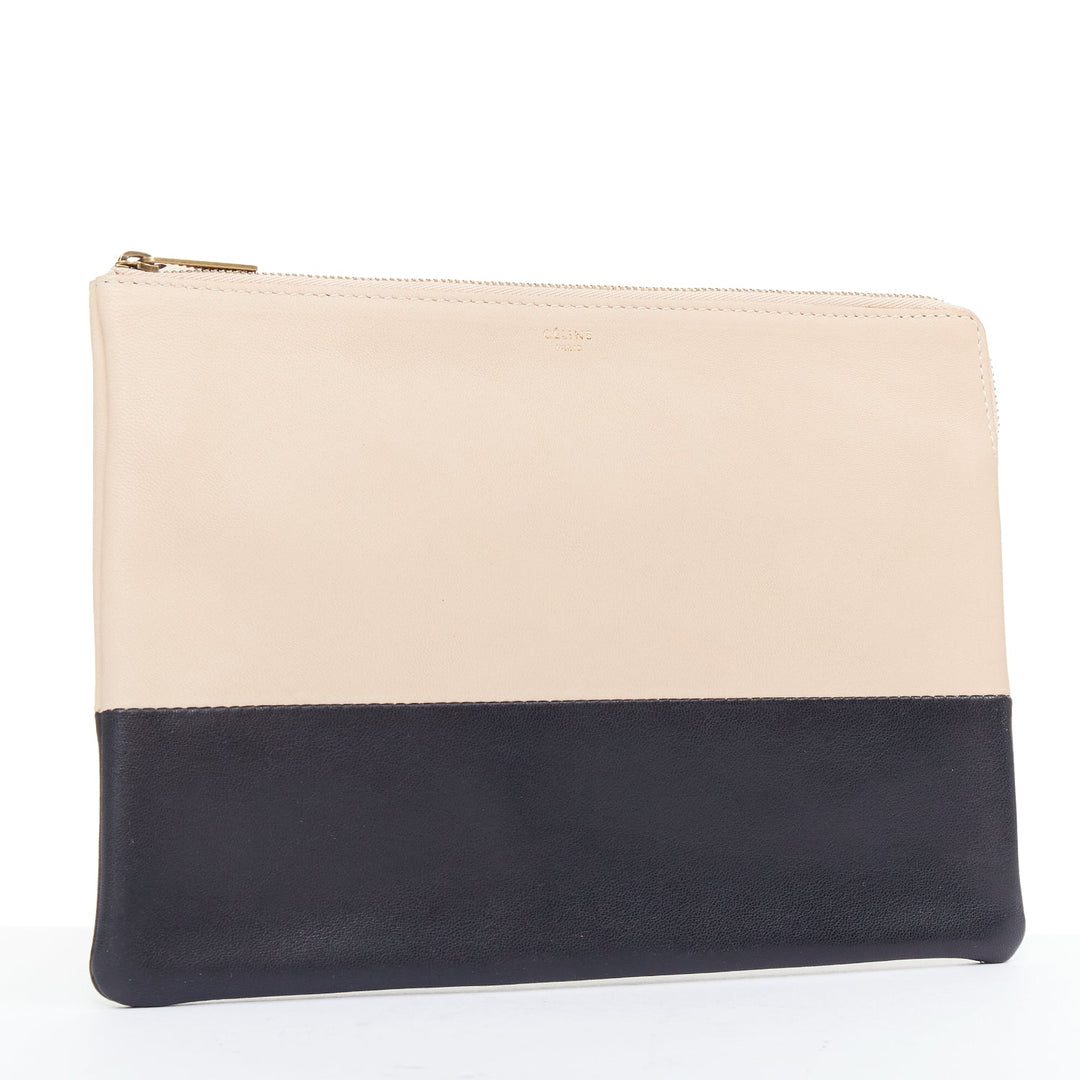 CELINE Solo beige black bicolor smooth leather gold logo pouch clutch