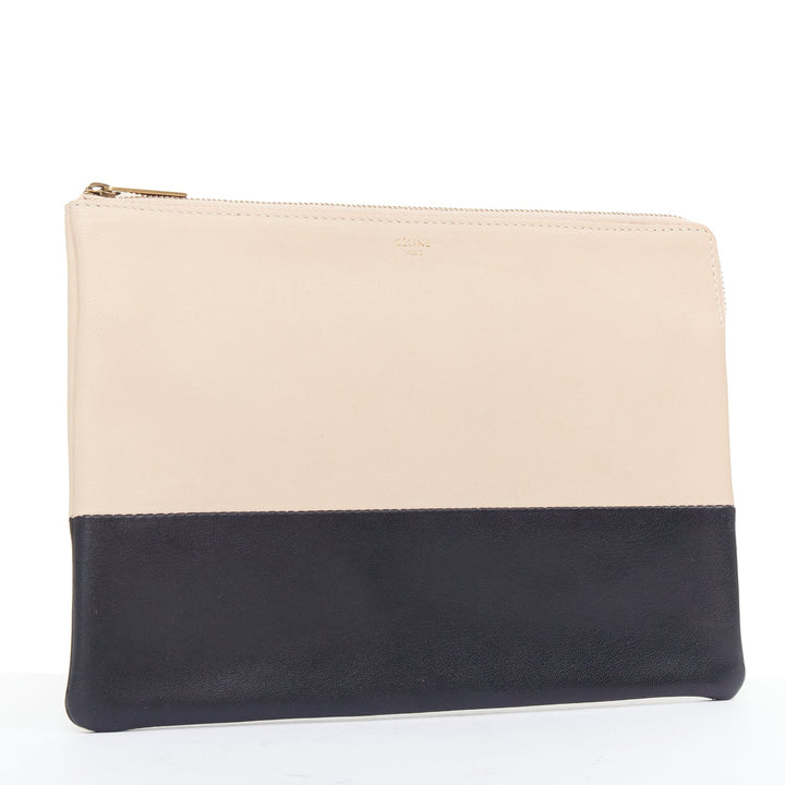 CELINE Solo beige black bicolor smooth leather gold logo pouch clutch