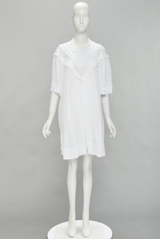 ISABEL MARANT ETOILE white viscose eyelet ruffle collar boho dress FR40 M