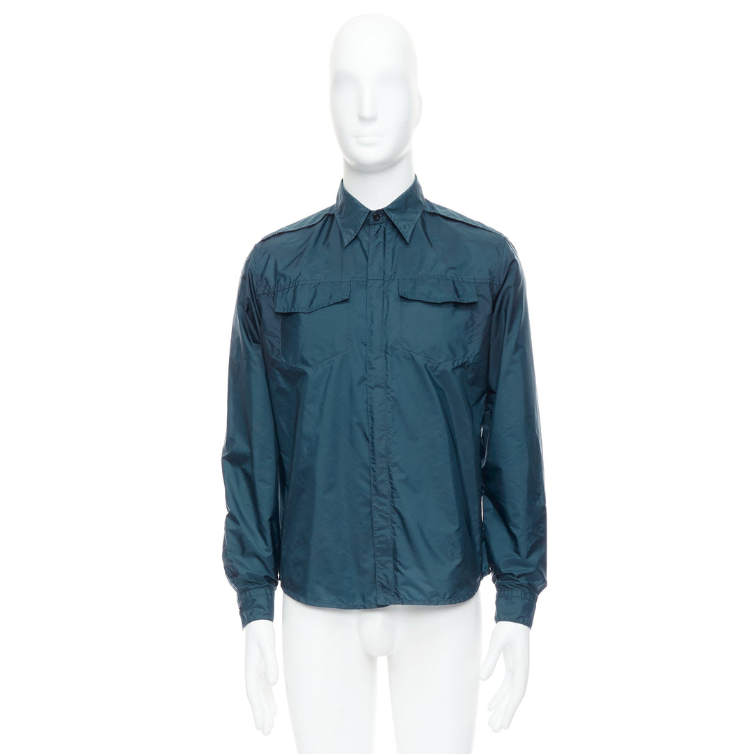 PRADA 2018 dark teal blue nylon concealed silver zip over shirt S