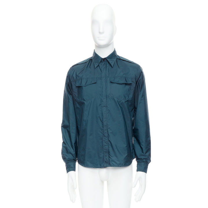 PRADA 2018 dark teal blue nylon concealed silver zip over shirt S