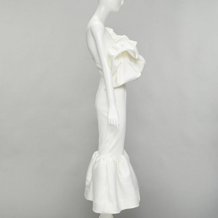 SOLACE Tove Midi white polyester ruffle cascade shoulder flounce dress UK12 M