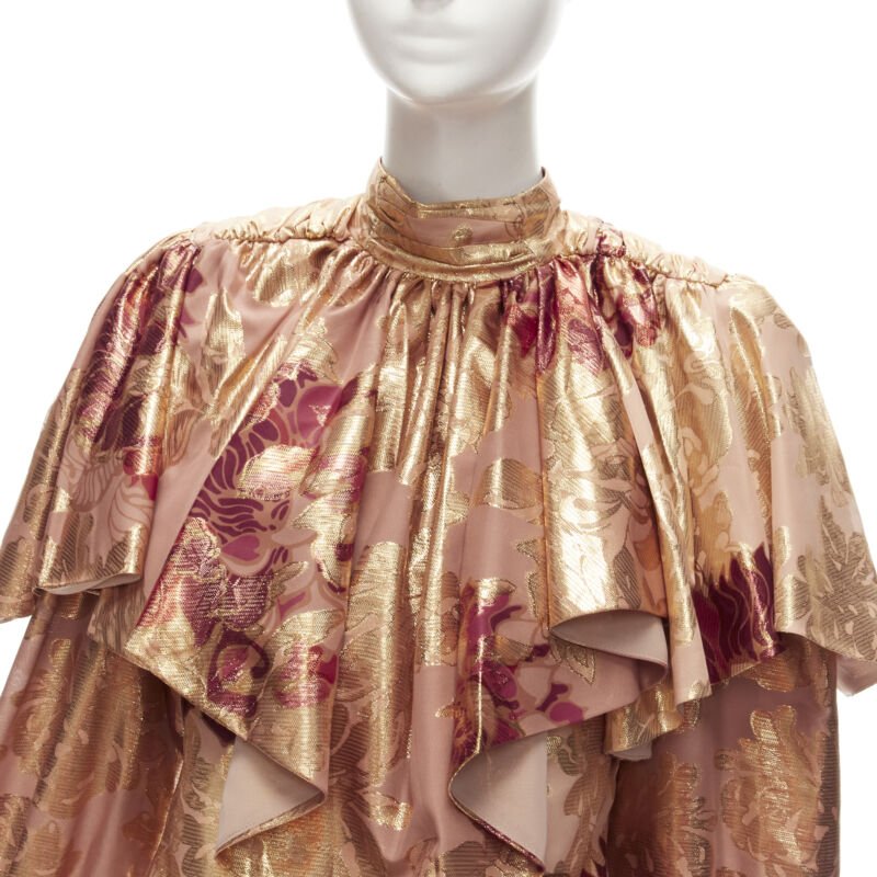 RAISA VANESSA rose gold foil jacquard rhinestone buttons Victorian top FR34 XS