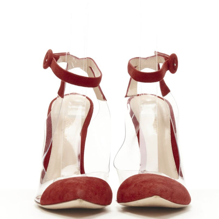 GIANVITO ROSSI Plexi red suede clear PVC ankle strap pump EU38.5