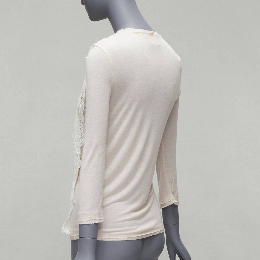 LANVIN off white lace overlay asymmetric cropped 3/4 sleeve top FR32 XXS