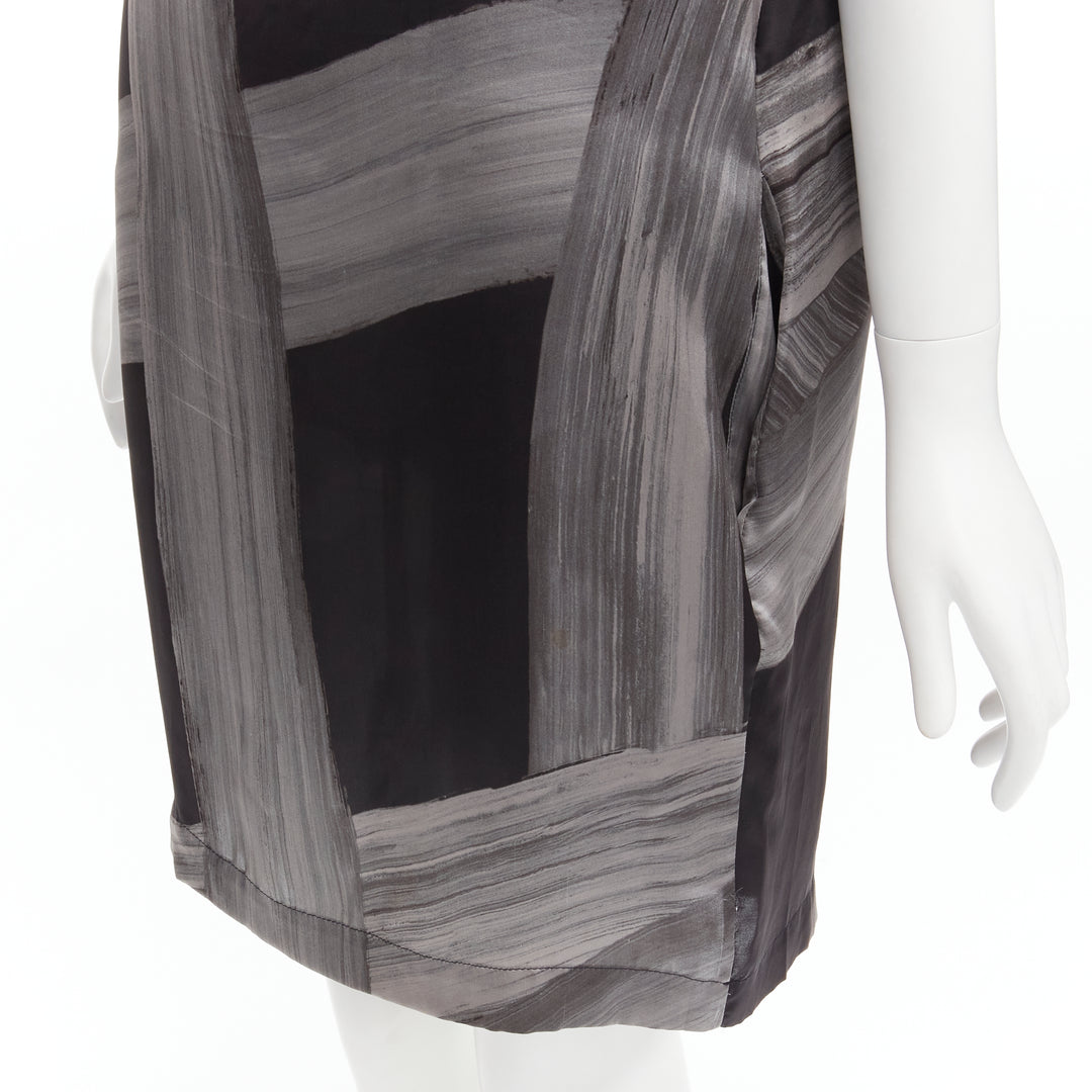 STELLA MCCARTNEY 100% silk black grey brush stroke print bateau dress IT38 XS