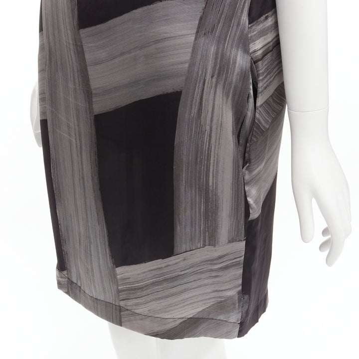 STELLA MCCARTNEY 100% silk black grey brush stroke print bateau dress IT38 XS