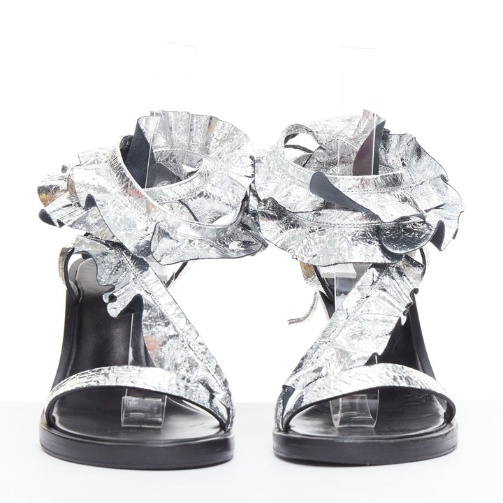 ISABEL MARANT 2017 Aseta silver ruffle leather wrap tie sandals EU37