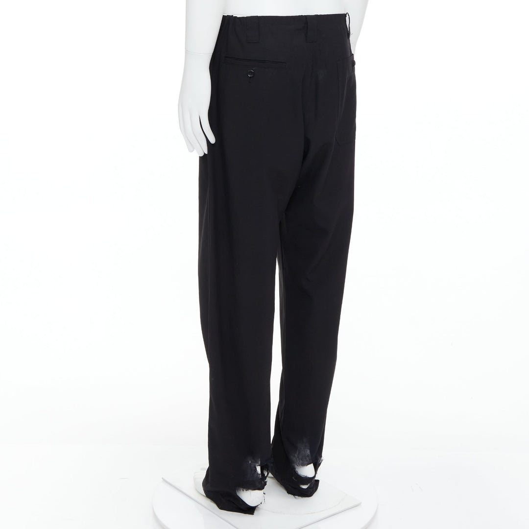 YOHJI YAMAMOTO black invisible drawstring distressed hem wide pants JP4 XL