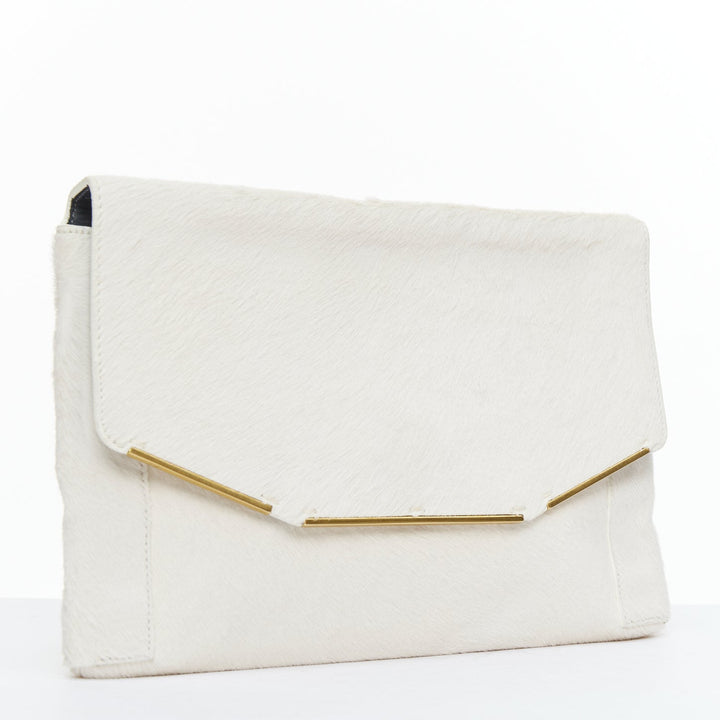 LANVIN Miss Sartorial off white calf hair gold bar flap envelope clutch bag