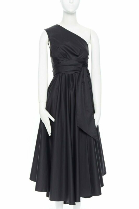 TIBI black cotton fit flare dress one shoulder asymmetrical pleat skirt US0 XS