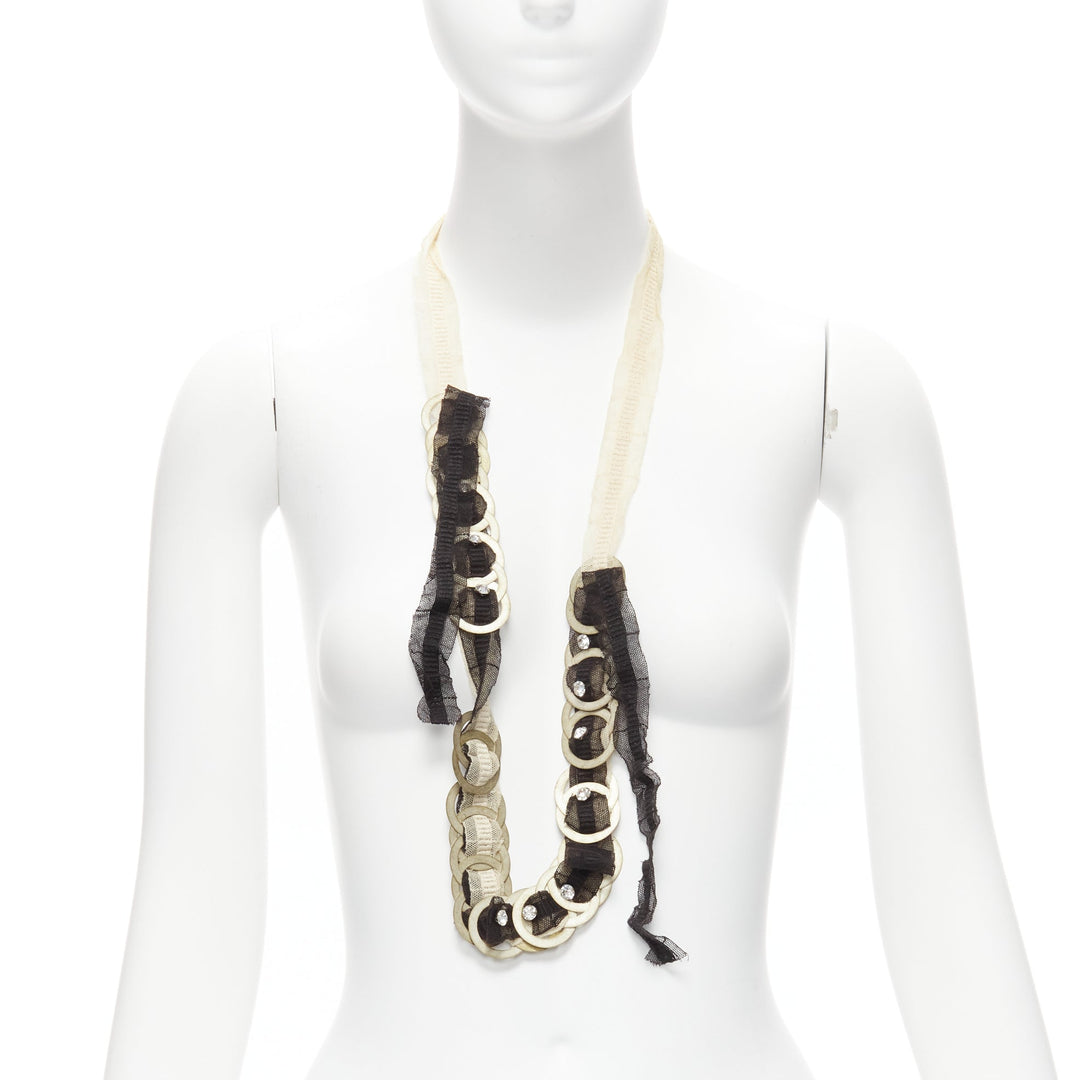 CHAMOREL black nude mesh ribbon antique gold circle coin crystal long necklace