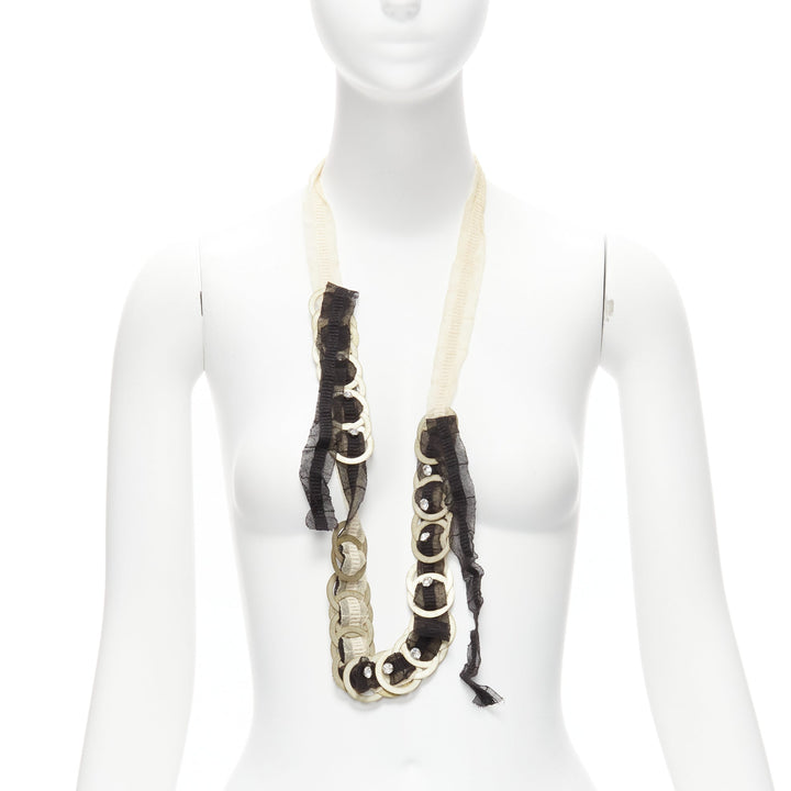 CHAMOREL black nude mesh ribbon antique gold circle coin crystal long necklace